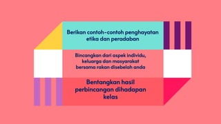 Berikan contoh-contoh penghayatan
etika dan peradaban
Bincangkan dari aspek individu,
keluarga dan masyarakat
bersama rakan disebelah anda
Bentangkan hasil
perbincangan dihadapan
kelas
 