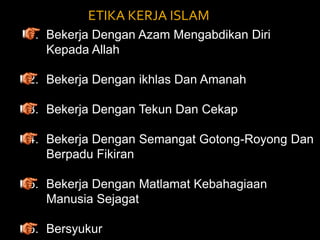 ETIKA KERJA ISLAMBekerja Dengan Azam Mengabdikan Diri Kepada Allah Bekerja Dengan ikhlas Dan Amanah Bekerja Dengan Tekun Dan Cekap Bekerja Dengan Semangat Gotong-Royong Dan Berpadu Fikiran Bekerja Dengan Matlamat Kebahagiaan Manusia Sejagat Bersyukur