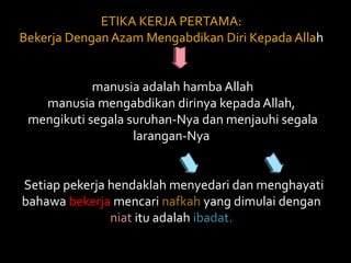 ETIKA KERJA PERTAMA: Bekerja Dengan Azam Mengabdikan Diri Kepada Allah  manusia adalah hamba Allah manusia mengabdikan dirinya kepada Allah,  mengikuti segala suruhan-Nya dan menjauhi segala larangan-Nya    Setiap pekerja hendaklah menyedari dan menghayati bahawa bekerja mencari nafkahyang dimulai dengan niat itu adalah ibadat. 