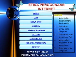 PRINSIP
ETIKA

1.

RUKUN ETIKA
ISU ETIKA

2.

CIRI PROFESIONALISME
KOD ETIKA
KERANGKA KOD

3.
4.

KOD ETIKA PROFESIONAL
PENUTUP

5.

Mengetahui
masalah moral
dan isu etika.
Memahami
prinsip etika
komputer.
Memahami etika
profesional TM.
Mengetahui
fungsi kod etika
profesional.
Keperluan etika
komputer.

 