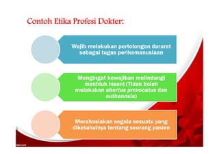 Contoh Etika Profesi Dokter:
Wajib melakukan pertolongan darurat
sebagai tugas perikemanusiaan
Mengingat kewajiban melindungi
makhluk insani (Tidak boleh
melakukan abortus provocatus dan
euthanasia)
Merahasiakan segala sesuatu yang
diketahuinya tentang seorang pasien
 