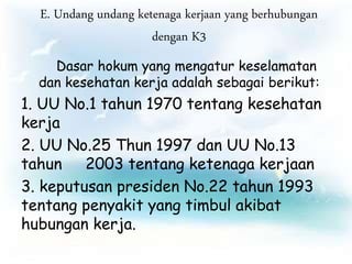 E. Undang undang ketenaga kerjaan yang berhubungan
dengan K3
Dasar hokum yang mengatur keselamatan
dan kesehatan kerja adalah sebagai berikut:
1. UU No.1 tahun 1970 tentang kesehatan
kerja
2. UU No.25 Thun 1997 dan UU No.13
tahun 2003 tentang ketenaga kerjaan
3. keputusan presiden No.22 tahun 1993
tentang penyakit yang timbul akibat
hubungan kerja.
 