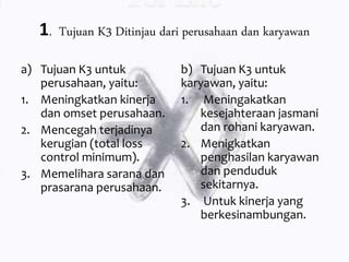 1. Tujuan K3 Ditinjau dari perusahaan dan karyawan
a) Tujuan K3 untuk
perusahaan, yaitu:
1. Meningkatkan kinerja
dan omset perusahaan.
2. Mencegah terjadinya
kerugian (total loss
control minimum).
3. Memelihara sarana dan
prasarana perusahaan.
b) Tujuan K3 untuk
karyawan, yaitu:
1. Meningakatkan
kesejahteraan jasmani
dan rohani karyawan.
2. Menigkatkan
penghasilan karyawan
dan penduduk
sekitarnya.
3. Untuk kinerja yang
berkesinambungan.
 