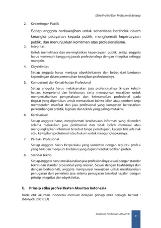 91
Direktorat Pembinaan SMK (2013)
Etika Profesi Dan Profesional Bekerja
2.	 Kepentingan Publik
Setiap anggota berkewajiban untuk senantiasa bertindak dalam
kerangka pelayanan kepada publik, menghormati kepercayaan
publik, dan menunjukkan komitmen atas profesionalisme.
3.	 Integritas
Untuk memelihara dan meningkatkan kepercayaan publik, setiap anggota
harus memenuhi tanggung jawab profesionalnya dengan integritas setinggi
mungkin.
4.	 Obyektivitas
Setiap anggota harus menjaga obyektivitasnya dan bebas dari benturan
kepentingan dalam pemenuhan kewajiban profesionalnya.
5.	 Kompetensi dan Kehati-hatian Profesional
Setiap anggota harus melaksanakan jasa profesionalnya tkngan kehati-
hatian, kompetensi dan ketekunan, serta mempunyai kewajiban untuk
mempertahankan pengetahuan dan keterampilan profesional pada
tingkat yang diperlukan untuk memastikan bahwa klien atau pemberi kerja
memperoleh matifaat dari jasa profesional yang kompeten berdasarkan
perkembangan praktik, legislasi dan teknik yang paling mutakhir.
6.	 Kerahasiaan
Setiap anggota harus, menghormati kerahasiaan informasi yang diperoleh
selama melakukan jasa profesional dan tidak boleh memakai atau
mengungkapkan informasi tersebut tanpa persetujuan, kecuali bila ada hak
atau kewajiban profesional atau hukum untuk mengungkapkannya.
7.	 Perilaku Profesional
Setiap anggota harus berperilaku yang konsisten dengan reputasi profesi
yang baik dan menjauhi tindakan yang dapat mendiskreditkan profesi.
8.	 Standar Teknis
Setiapanggotaharusmelaksanakanjasaprofesionalnyasesuaidenganstandar
teknis dan standar proesional yang relevan. Sesuai dengan keahliannya dan
dengan berhati-hati, anggota mempunyai kewajiban untuk melaksanakan
penugasan dari penerima jasa selama penugasan tersebut sejalan dengan
prinsip integritas dan obyektivitas.
b.	 Prinsip etika profesi Ikatan Akuntan Indonesia
Kode etik akuntan Indonesia memuat delapan prinsip etika sebagai berikut :
(Mulyadi, 2001: 53)
 