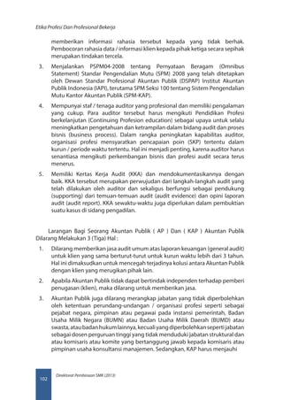 Direktorat Pembinaan SMK (2013)
Etika Profesi Dan Profesional Bekerja
102
memberikan informasi rahasia tersebut kepada yang tidak berhak.
Pembocoran rahasia data / informasi klien kepada pihak ketiga secara sepihak
merupakan tindakan tercela.
3.	 Menjalankan PSPM04-2008 tentang Pernyataan Beragam (Omnibus
Statement) Standar Pengendalian Mutu (SPM) 2008 yang telah ditetapkan
oleh Dewan Standar Profesional Akuntan Publik (DSPAP) Institut Akuntan
Publik Indonesia (IAPI), terutama SPM Seksi 100 tentang Sistem Pengendalian
Mutu Kantor Akuntan Publik (SPM-KAP).
4.	 Mempunyai staf / tenaga auditor yang profesional dan memiliki pengalaman
yang cukup. Para auditor tersebut harus mengikuti Pendidikan Profesi
berkelanjutan (Continuing Profesion education) sebagai upaya untuk selalu
meningkatkan pengetahuan dan ketrampilan dalam bidang audit dan proses
bisnis (business process). Dalam rangka peningkatan kapabilitas auditor,
organisasi profesi mensyaratkan pencapaian poin (SKP) tertentu dalam
kurun / periode waktu tertentu. Hal ini menjadi penting, karena auditor harus
senantiasa mengikuti perkembangan bisnis dan profesi audit secara terus
menerus.
5.	 Memiliki Kertas Kerja Audit (KKA) dan mendokumentasikannya dengan
baik. KKA tersebut merupakan perwujudan dari langkah-langkah audit yang
telah dilakukan oleh auditor dan sekaligus berfungsi sebagai pendukung
(supporting) dari temuan-temuan audit (audit evidence) dan opini laporan
audit (audit report). KKA sewaktu-waktu juga diperlukan dalam pembuktian
suatu kasus di sidang pengadilan.
Larangan Bagi Seorang Akuntan Publik ( AP ) Dan ( KAP ) Akuntan Publik
Dilarang Melakukan 3 (Tiga) Hal :
1.	 Dilarang memberikan jasa audit umum atas laporan keuangan (general audit)
untuk klien yang sama berturut-turut untuk kurun waktu lebih dari 3 tahun.
Hal ini dimaksudkan untuk mencegah terjadinya kolusi antara Akuntan Publik
dengan klien yang merugikan pihak lain.
2.	 Apabila Akuntan Publik tidak dapat bertindak independen terhadap pemberi
penugasan (klien), maka dilarang untuk memberikan jasa.
3.	 Akuntan Publik juga dilarang merangkap jabatan yang tidak diperbolehkan
oleh ketentuan perundang-undangan / organisasi profesi seperti sebagai
pejabat negara, pimpinan atau pegawai pada instansi pemerintah, Badan
Usaha Milik Negara (BUMN) atau Badan Usaha Milik Daerah (BUMD) atau
swasta,ataubadanhukumlainnya,kecualiyangdiperbolehkansepertijabatan
sebagai dosen perguruan tinggi yang tidak menduduki jabatan struktural dan
atau komisaris atau komite yang bertanggung jawab kepada komisaris atau
pimpinan usaha konsultansi manajemen. Sedangkan, KAP harus menjauhi
 