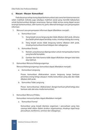 Direktorat Pembinaan SMK (2013)
Etika Profesi Dan Profesional Bekerja
120
c.	 Macam - Macam Komunikasi
Padadasarnyasetiaporangdapatberkomunikasisatusamalainkarenamanusia
selain makhluk individu juga sekaligus makhluk social yang memiliki kebutuhan
untuk berkomunikasi dengan sesamanya. Namun tidak semua orang dapat secara
terampil berkomunikasi, oleh karena itu perlu dikenali berbagai cara penyampaian
informasi.
1.	 Menurut cara penyampaian informasi dapat dibedakan menjadi :
a.	 Komunikasi Lisan
1).	 Yang terjadi secara langsung dan tidak dibatasi oleh jarak, dimana
dua belah pihak dapat bertatap muka, misalnya dialog dua orang.
2).	 Yang terjadi secara tidak langsung karena dibatasi oleh jarak,
misalnya komunikasi lewat telepon dan sebagainya.
b.	 Komunikasi Tertulis
1).	 Naskah, yang biasanya dipergunakan untuk menyampaikan berita
yang bersifat kompleks
2).	 Gambar dan foto karena tidak dapat dilukiskan dengan kata-kata
atau kalimat.
2.	 Komunikasi Menurut Kelangsungannya
Menurut Kelangsungannya, komunikasi dapat dibedakan menjadi :
a.	 Komunikasi Langsung
Proses komunikasi dilaksanakan secara langsung tanpa bantuan
perantara orang ketiga ataupun media komunikasi yang ada dan tidak
dibatasi oleh jarak.
b.	 Komunikas Tidak Langsung
Proses komunikasinya dilaksanakan dengan bantuan pihak ketiga atau
bantuan alat-alat atau media komunikasi.
3.	 Komunikasi Menurut Prilaku
Komunikasi menurut prilaku dapat dibedakan menjadi :
a.	 Komunikasi Formal
Komunikasi yang terjadi diantara organisasi / perusahaan yang tata
caranya telah diatur dalam struktur organisasinya, misalnya rapat kerja
perusahaan, konferensi, seminar dan sebagainya.
 