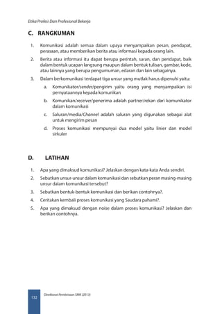 Direktorat Pembinaan SMK (2013)
Etika Profesi Dan Profesional Bekerja
132
C.	 RANGKUMAN
1.	 Komunikasi adalah semua dalam upaya menyampaikan pesan, pendapat,
perasaan, atau memberikan berita atau informasi kepada orang lain.
2.	 Berita atau informasi itu dapat berupa perintah, saran, dan pendapat, baik
dalam bentuk ucapan langsung maupun dalam bentuk tulisan, gambar, kode,
atau lainnya yang berupa pengumuman, edaran dan lain sebagainya.
3.	 Dalam berkomunikasi terdapat tiga unsur yang mutlak harus dipenuhi yaitu:
a.	 Komunikator/sender/pengirim yaitu orang yang menyampaikan isi
pernyataannya kepada komunikan
b.	 Komunikan/receiver/penerima adalah partner/rekan dari komunikator
dalam komunikasi
c.	 Saluran/media/Channel adalah saluran yang digunakan sebagai alat
untuk mengirim pesan
d.	 Proses komunikasi mempunyai dua model yaitu linier dan model
sirkuler
D.	 LATIHAN
1.	 Apa yang dimaksud komunikasi? Jelaskan dengan kata-kata Anda sendiri.
2.	 Sebutkan unsur-unsur dalam komunikasi dan sebutkan peran masing-masing
unsur dalam komunikasi tersebut?
3.	 Sebutkan bentuk-bentuk komunikasi dan berikan contohnya?.
4.	 Ceritakan kembali proses komunikasi yang Saudara pahami?.
5.	 Apa yang dimaksud dengan noise dalam proses komunikasi? Jelaskan dan
berikan contohnya.
 