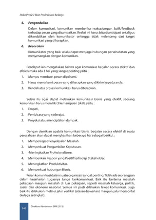 Direktorat Pembinaan SMK (2013)
Etika Profesi Dan Profesional Bekerja
140
5.	 Pengendalian
Dalam komunikasi, komunikan memberika reaksa/umpan balik/feedback
terhadap pesan yang disampaikan. Reaksi ini harus bisa diantisipasi sekaligus
dikendalikan oleh komunikator sehingga tidak melenceng dari target
komunikasi yang diharapkan.
6.	 Kecocokan
Komunikator yang baik selalu dapat menjaga hubungan persahabatan yang
menyenangkan dengan komunikan.
Pendapat lain mengatakan bahwa agar komunikas berjalan secara efektif dan
efisien maka ada 3 hal yang sangat penting yaitu :
1.	 Mampu membuat pesan dipahami.
2.	 Harus memahami pesan yang diharapkan yang dikirim kepada anda.
3.	 Kendali atas proses komunikasi harus diterapkan.
Selain itu agar dapat melakukan komunikasi bisnis yang efektif, seorang
komunikan harus memiliki 3 kemampuan (skill), yaitu :
1.	 Empati,
2.	 Pembicara yang sederajat,
3.	 Proyeksi atau menciptakan dampak.
Dengan demikian apabila komunikasi bisnis berjalan secara efektif di suatu
perusahaan akan dapat menghasilkan beberapa hal sebagai berikut :
1.	 Mempercepat Penyelesaian Masalah.
2.	 Memperkuat Pengambilan Keputusan.
3.	 ·Meningkatkan Profesionalisme.
4.	 Memberikan Respon yang Positif terhadap Stakeholder.
5.	 Meningkatkan Produktivitas.
6.	 Memperkuat hubungan Bisnis.
Perankomunikasidalamsuatuorganisasisangatpenting.Tidakadaseorangpun
dalam keseharian tugasnya tanpa berkomunikasi. Baik itu bertema masalah
pekerjaan maupun masalah di luar pekerjaan, seperti masalah keluarga, politik,
sosial dan ekonomi nasional. Semua ini pasti dilakukan lewat komunikasi. Juga
baik itu dilakukan melalui jalur vertikal (atasan-bawahan) maupun jalur horisontal
(kolega setingkat).
 