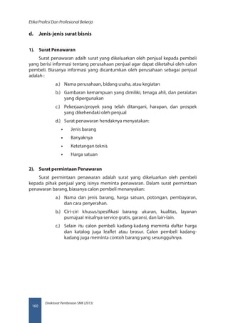 Direktorat Pembinaan SMK (2013)
Etika Profesi Dan Profesional Bekerja
160
d.	 Jenis-jenis surat bisnis
1).	 Surat Penawaran
Surat penawaran adalh surat yang dikeluarkan oleh penjual kepada pembeli
yang berisi informasi tentang perusahaan penjual agar dapat diketahui oleh calon
pembeli. Biasanya informasi yang dicantumkan oleh perusahaan sebagai penjual
adalah :
a.)	 Nama perusahaan, bidang usaha, atau kegiatan
b.)	 Gambaran kemampuan yang dimiliki, tenaga ahli, dan peralatan
yang dipergunakan
c.)	 Pekerjaan/proyek yang telah ditangani, harapan, dan prospek
yang dikehendaki oleh penjual
d.)	 Surat penawaran hendaknya menyatakan:
•• Jenis barang
•• Banyaknya
•• Ketetangan teknis
•• Harga satuan
2).	 Surat permintaan Penawaran
Surat permintaan penawaran adalah surat yang dikeluarkan oleh pembeli
kepada pihak penjual yang isinya meminta penawaran. Dalam surat permintaan
penawaran barang, biasanya calon pembeli menanyakan:
a.)	 Nama dan jenis barang, harga satuan, potongan, pembayaran,
dan cara penyerahan.
b.)	 Ciri-ciri khusus/spesifikasi barang: ukuran, kualitas, layanan
purnajual misalnya service gratis, garansi, dan lain-lain.
c.)	 Selain itu calon pembeli kadang-kadang meminta daftar harga
dan katalog juga leaflet atau brosur. Calon pembeli kadang-
kadang juga meminta contoh barang yang sesungguhnya.
 