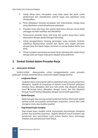 Direktorat Pembinaan SMK (2013)
Etika Profesi Dan Profesional Bekerja
28
f.	 Setiap tahap harus merupakan suatu kerja nyata dan perlu untuk
pelaksanaan dan penyelesaian seluruh tugas atau pekerjaan yang
dimaksudkan.
g.	 Perlu ditetapkan tentang kecakapan dan keterampilan tenaga kerja
yang diperlukan untuk penyelesaian pekerjaan.
h.	 Prosedur kerja, tata kerja, dan system kerja harus disusun secara tepat
sehingga memiliki stabilitas dan fleksibilitas
i.	 Penyusunan prosedur kerja, tata kerja dan system kerja harus selalu
disesuaikan dengan perkembangan teknologi.
j.	 Untuk penggambaran tentang penerapan suatu prosedur tertentu
sebaiknya dipergunakan symbol dan skema atau bagan prosedur
dengan jelas dan tepat. Bagan semacam ini sering disebut skema arus
kerja.
k.	 Untuk menjamin penerapan prosedur kerja, tata kerja dan system kerja
dengan jelas dan tepat maka perlu dipakai buku pedoman.
3.	 Simbol-Simbol dalam Prosedur Kerja
a.	 Jenis-jenis Simbol
Simbol-simbol dipergunakan untuk menggambarkan suatu prosedur
pekerjaan. Simbol-simbol tersebut, antara lain adalah sebagai berikut.
•• Lingkaran Besar
Lingkaranbesarmenunjukanoperasi(operation)atausesuatuyangharus
dikerjakan. Apabila di tengahnya di bubuhi huruf C berarti pekerjaan
tersebut harus dikerjakan oleh juru tulis (clerk). Bila dibubuhi dengan
huruf M berarti harus dikerjakan dengan mesin, dan bila dibubuhi
dengan huruf T artinya dikerjakan dengan mesin ketik (typewriter)
•• Belah Ketupat
Belah ketupat atau persegi empat berbentuk berlian (Diamond) adalah
symbol untuk menunjukan pemeriksaan (inspection, control atau chek)
mengenai mutu atau kualitas (quality)
•• Segi Empat bujur Sangkar
Segi empat bujur sangkar untuk menunjukan pemeriksaan mengenai
jumlah atau kuantitas (quantity) . Apabila dibubuhi huruf D bebarti ada
penahanan atau penundaan suatu proses karena harus menunggu
tindakan atau penyelesaian lebih lanjut.
 