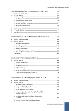 v
Direktorat Pembinaan SMK (2013)
Etika Profesi Dan Profesional Bekerja
KEGIATAN BELAJAR 3 PERENCANAAN DAN EFISIENSI PEKERJAAN���������������������������������35
A.	 TUJUAN PEMBELAJARAN������������������������������������������������������������������������������������������������������35
B.	 URAIAN MATERI������������������������������������������������������������������������������������������������������������������������35
1.	 Pengertian Perencanaan.................................................................................................35
2.	 Prinsip-prinsip Perencanaan........................................................................................36
3.	 Langkah-langkah Perencanaan....................................................................................37
4.	 Efisiensi Dalam Pekerjaan...............................................................................................40
C.	RANGKUMAN����������������������������������������������������������������������������������������������������������������������������46
D.	 EVALUASI KEGIATAN���������������������������������������������������������������������������������������������������������������47
E.	TUGAS������������������������������������������������������������������������������������������������������������������������������������������47
KEGIATAN PEMBELAJARAN 4 MENGELOLA KOMPETENSI PERSONAL����������������������������48
A.	 TUJUAN PEMBELAJARAN������������������������������������������������������������������������������������������������������48
B.	 URAIAN MATERI������������������������������������������������������������������������������������������������������������������������48
1.	 Pengertian Kompetensi...................................................................................................48
2.	 Jenis Kompetensi...............................................................................................................49
3.	 Manfaat Kompetensi........................................................................................................50
4.	 Cara Mengelola Kompetensi Personal.......................................................................52
C.	RANGKUMAN ���������������������������������������������������������������������������������������������������������������������������62
KEGIATAN BELAJAR 5 MENGELOLA INFORMASI��������������������������������������������������������������������64
A.	 URAIAN MATERI������������������������������������������������������������������������������������������������������������������������64
1.	 Pengertian Informasi .......................................................................................................64
2.	 Karakteristik Informasi.....................................................................................................65
3.	 Sistem Informasi.................................................................................................................66
4.	 Fungsi Pengelolaan Informasi.......................................................................................68
5.	 Komputerisasi Pengelolaan Informasi.......................................................................74
KEGIATAN PEMBELAJARAN 6 ETIKA PROFESI UNTUK AKUNTAN�������������������������������������76
A.	 TUJUAN PEMBELAJARAN������������������������������������������������������������������������������������������������������76
B.	 URAIAN MATERI������������������������������������������������������������������������������������������������������������������������76
1.	 Pengertian Etika Secara Umum....................................................................................76
2.	 Pengertian Profesi Secara Umum................................................................................79
3.	 Kode Etik Profesi Secara Umum...................................................................................82
4.	 Pengertian Dan Ruang Lingkup Etika Profesi Dalam
Bidang Akuntansi..............................................................................................................86
5.	 Pengertian Dan Ruang Lingkup Profesi Teknisi
Akuntansi..............................................................................................................................87
6.	 Prinsip – Prinsip Etika Profesi Dalam Bidang
 