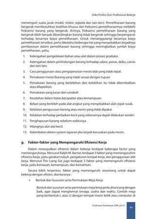 45
Direktorat Pembinaan SMK (2013)
Etika Profesi Dan Profesional Bekerja
menempuh suatu jarak (mobil, motor, sepeda dan lain-lain). Pemeliharaan barang
bergerak membutuhkan keahlian khusus dan frekuensi pemeliharaannya melebihi
frekuensi barang yang bergerak. Artinya, frekuensi pemeliharaan barang yang
bergerak lebih banyak dibandingkan barang tidak bergerak sehingga berpengaruh
terhadap besarnya biaya pemeliharaan. Untuk menanggulangi besarnya biaya
pemeliharaan tersebut, perlu diketahui beberapa hal yang menyebabkan terjadinya
pemborosan dalam pemeliharaan barang sehingga meningkatkan jumlah biaya
pemeliharaan, yaitu;
1.	 Kelengahan pengelolaan bahan atau alat dalam proses produksi.
2.	 Kelengahan dalam perlindungan barang terhadap udara, panas, debu, cairan
dan lain-lain.
3.	 Cara penggunaan atau pengoperasian mesin/alat yang tidak tepat.
4.	 Pemakaian mesin/barang yang tidak sesuai dengan tujuan
5.	 Pemakaian barang yang berlebihan dan kelebihan itu tidak dikembalikan
atau dilaporkan.
6.	 Pemakaian yang kasar dan ceroboh
7.	 Kesalahan dalam batas kecepatan atau kemampuan.
8.	 Beban yang berlebih pada alat angkut yang menyebabkan alat cepat rusak.
9.	 Kelalaian pengurusan barang atau mesin yang tidak dipakai.
10.	 Kelalaian terhadap perbaikan kecil yang sebenarnya dapat dilakukan sendiri.
11.	 Penghapusan barang sebelum waktunya.
12.	 Hilangnya alat-alat kecil.
13.	 Kelambatan dalam system laporan jika terjadi kerusakan pada mesin.
g.	 Faktor-faktor yang Mempengaruhi Efisiensi Kerja
Dalam mewujudkan efisiensi dalam bekerja terdapat beberapa factor yang
memengaruhinya. Menurut Ralph M. Barnes terdapat 3 faktor yang memengaruhim
efisiensi kerja, yaitu gerakan tubuh, pengaturan tempat kerja, dan penggunaan alat
kerja. Menurut The Liang Gie juga terdapat 3 faktor yang memengaruhi efisiensi
kerja, yaitu kemauan, kemampuan, dan kemahiran.
Secara lebih terperinci, faktor yang memengaruhi seseorang untuk dapat
bekerja dengan efisien, diantaranya :
•• Bentuk dan Susunan serta Permukaan Meja Kerja
Bentukdansusunansertapermukaanmejakerjaperludirancangdengan
baik, agar dapat menghemat tenaga, usaha dan waktu. Contoh meja
yang berbentuk L atau U dengan tempat mesin ketik atau computer di
 