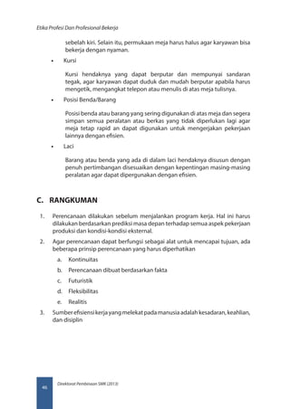Direktorat Pembinaan SMK (2013)
Etika Profesi Dan Profesional Bekerja
46
sebelah kiri. Selain itu, permukaan meja harus halus agar karyawan bisa
bekerja dengan nyaman.
•• Kursi
Kursi hendaknya yang dapat berputar dan mempunyai sandaran
tegak, agar karyawan dapat duduk dan mudah berputar apabila harus
mengetik, mengangkat telepon atau menulis di atas meja tulisnya.
•• Posisi Benda/Barang
Posisi benda atau barang yang sering digunakan di atas meja dan segera
simpan semua peralatan atau berkas yang tidak diperlukan lagi agar
meja tetap rapid an dapat digunakan untuk mengerjakan pekerjaan
lainnya dengan efisien.
•• Laci
Barang atau benda yang ada di dalam laci hendaknya disusun dengan
penuh pertimbangan disesuaikan dengan kepentingan masing-masing
peralatan agar dapat dipergunakan dengan efisien.
C.	 RANGKUMAN
1.	 Perencanaan dilakukan sebelum menjalankan program kerja. Hal ini harus
dilakukan berdasarkan prediksi masa depan terhadap semua aspek pekerjaan
produksi dan kondisi-kondisi eksternal.
2.	 Agar perencanaan dapat berfungsi sebagai alat untuk mencapai tujuan, ada
beberapa prinsip perencanaan yang harus diperhatikan
a.	 Kontinuitas
b.	 Perencanaan dibuat berdasarkan fakta
c.	 Futuristik
d.	 Fleksibilitas
e.	 Realitis
3.	 Sumberefisiensikerjayangmelekatpadamanusiaadalahkesadaran,keahlian,
dan disiplin
 