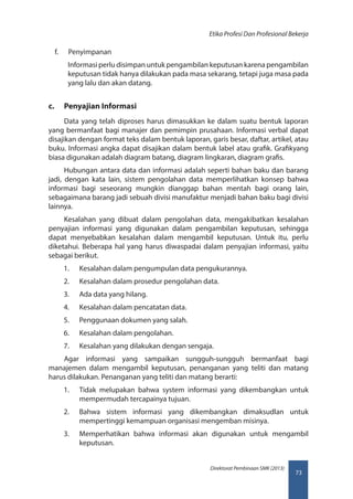 73
Direktorat Pembinaan SMK (2013)
Etika Profesi Dan Profesional Bekerja
f.	 Penyimpanan
Informasi perlu disimpan untuk pengambilan keputusan karena pengambilan
keputusan tidak hanya dilakukan pada masa sekarang, tetapi juga masa pada
yang lalu dan akan datang.
c.	 Penyajian Informasi
Data yang telah diproses harus dimasukkan ke dalam suatu bentuk laporan
yang bermanfaat bagi manajer dan pemimpin prusahaan. Informasi verbal dapat
disajikan dengan format teks dalam bentuk laporan, garis besar, daftar, artikel, atau
buku. Informasi angka dapat disajikan dalam bentuk label atau grafik. Grafikyang
biasa digunakan adalah diagram batang, diagram lingkaran, diagram grafis.
Hubungan antara data dan informasi adalah seperti bahan baku dan barang
jadi, dengan kata lain, sistem pengolahan data memperlihatkan konsep bahwa
informasi bagi seseorang mungkin dianggap bahan mentah bagi orang lain,
sebagaimana barang jadi sebuah divisi manufaktur menjadi bahan baku bagi divisi
lainnya.
Kesalahan yang dibuat dalam pengolahan data, mengakibatkan kesalahan
penyajian informasi yang digunakan dalam pengambilan keputusan, sehingga
dapat menyebabkan kesalahan dalam mengambil keputusan. Untuk itu, perlu
diketahui. Beberapa hal yang harus diwaspadai dalam penyajian informasi, yaitu
sebagai berikut.
1.	 Kesalahan dalam pengumpulan data pengukurannya.
2.	 Kesalahan dalam prosedur pengolahan data.
3.	 Ada data yang hilang.
4.	 Kesalahan dalam pencatatan data.
5.	 Penggunaan dokumen yang salah.
6.	 Kesalahan dalam pengolahan.
7.	 Kesalahan yang dilakukan dengan sengaja.
Agar informasi yang sampaikan sungguh-sungguh bermanfaat bagi
manajemen dalam mengambil keputusan, penanganan yang teliti dan matang
harus dilakukan. Penanganan yang teliti dan matang berarti:
1.	 Tidak melupakan bahwa system informasi yang dikembangkan untuk
mempermudah tercapainya tujuan.
2.	 Bahwa sistem informasi yang dikembangkan dimaksudlan untuk
mempertinggi kemampuan organisasi mengemban misinya.
3.	 Memperhatikan bahwa informasi akan digunakan untuk mengambil
keputusan.
 