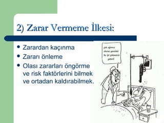 22)) ZZaarraarr VVeerrmmeemmee İİllkkeessii:: 
 Zarardan kaçınma 
 Zararı önleme 
 Olası zararları öngörme 
ve risk faktörlerini bilmek 
ve ortadan kaldırabilmek. 
 