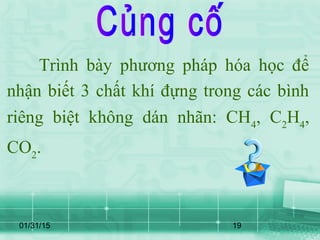 01/31/15 19
Trình bày phương pháp hóa học để
nhận biết 3 chất khí đựng trong các bình
riêng biệt không dán nhãn: CH4
, C2
H4
,
CO2
.
 