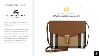 DTC DISRUPTION : FASHION
In 2006, Burberry was declining. Sales were
tepid and the luxury brand was growing at a
mere 2% per year.
That year, new CEO Angela Arhendts began
connecting with a digital demographic that
reaches for their phone in moments of want
or need. These targeted, personalized digital
campaigns resulted in a Facebook presence
that boasted more than 1 million followers;
the largest for any luxury brand. By 2012,
revenues doubled to 3 billion dollars.
DIGITAL IS DRIVING
40% of projected sales growth
 