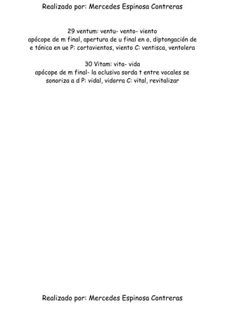 Realizado por: Mercedes Espinosa Contreras
29 ventum: ventu- vento- viento
apócope de m final, apertura de u final en o, diptongación de
e tónica en ue P: cortavientos, viento C: ventisca, ventolera
30 Vitam: vita- vida
apócope de m final- la oclusiva sorda t entre vocales se
sonoriza a d P: vidal, vidorra C: vital, revitalizar
Realizado por: Mercedes Espinosa Contreras 
 