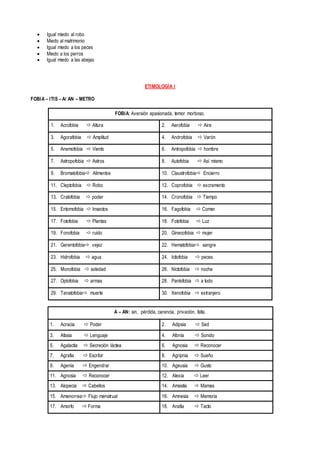  Igual miedo al robo
 Miedo al matrimonio
 Igual miedo a los peces
 Miedo a los perros
 Igual miedo a las abejas
ETIMOLOGÍA I
FOBIA – ITIS – A/ AN – METRO
FOBIA: Aversión apasionada, temor morboso.
1. Acrofobia  Altura 2. Aerofobia  Aire
3. Agorafobia  Amplitud 4. Androfobia  Varón
5. Anemofobia  Viento 6. Antropofobia  hombre
7. Astropofobia  Astros 8. Autofobia  Así mismo
9. Bromatofobia Alimentos 10. Claustrofobia Encierro
11. Cleptofobia  Robo 12. Coprofobia  excremento
13. Cratofobia  poder 14. Cronofobia  Tiempo
15. Entomofobia  Insectos 16. Fagofobia  Comer
17. Fotofobia  Plantas 18. Fotofobia  Luz
19. Fonofobia  ruido 20. Ginecofobia  mujer
21. Gerentofobia vejez 22. Hematofobia sangre
23. Hidrofobia  agua 24. Ictiofobia  peces
25. Monofobia  soledad 26. Nictofobia  noche
27. Oplofobia  armas 28. Pantofobia  a todo
29. Tanatofobia muerte 30. Xenofobia  extranjero
A – AN: sin, pérdida, carencia, privación, falta.
1. Acracia  Poder 2. Adipsia  Sed
3. Afasia  Lenguaje 4. Afonía  Sonido
5. Agalactia  Secreción láctea 6. Agnosia  Reconocer
7. Agrafia  Escribir 8. Agripnia  Sueño
9. Agenia  Engendrar 10. Ageusia  Gusto
11. Agnosia  Reconocer 12. Alexia  Leer
13. Alopecia  Cabellos 14. Amastía  Mamas
15. Amenorrea Flujo menstrual 16. Amnesia  Memoria
17. Amorfo  Forma 18. Anafia  Tacto
 