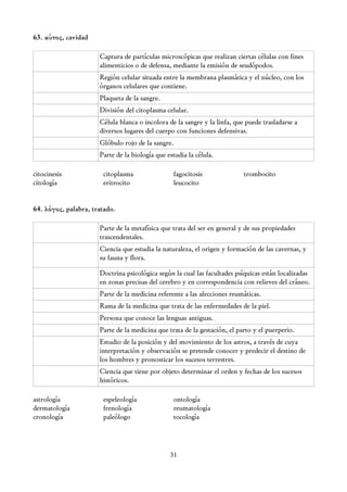 63. κύτος, cavidad

                      Captura de partículas microscópicas que realizan ciertas células con fines
                      alimenticios o de defensa, mediante la emisión de seudópodos.
                      Región celular situada entre la membrana plasmática y el núcleo, con los
                      órganos celulares que contiene.
                      Plaqueta de la sangre.
                      División del citoplasma celular.
                      Célula blanca o incolora de la sangre y la linfa, que puede trasladarse a
                      diversos lugares del cuerpo con funciones defensivas.
                      Glóbulo rojo de la sangre.
                      Parte de la biología que estudia la célula.

citocinesis            citoplasma                  fagocitosis             trombocito
citología              eritrocito                  leucocito


64. λόγος, palabra, tratado.

                      Parte de la metafísica que trata del ser en general y de sus propiedades
                      trascendentales.
                      Ciencia que estudia la naturaleza, el origen y formación de las cavernas, y
                      su fauna y flora.

                      Doctrina psicológica según la cual las facultades psíquicas están localizadas
                      en zonas precisas del cerebro y en correspondencia con relieves del cráneo.
                      Parte de la medicina referente a las afecciones reumáticas.
                      Rama de la medicina que trata de las enfermedades de la piel.
                      Persona que conoce las lenguas antiguas.
                      Parte de la medicina que trata de la gestación, el parto y el puerperio.
                      Estudio de la posición y del movimiento de los astros, a través de cuya
                      interpretación y observación se pretende conocer y predecir el destino de
                      los hombres y pronosticar los sucesos terrestres.
                      Ciencia que tiene por objeto determinar el orden y fechas de los sucesos
                      históricos.

astrología             espeleología                ontología
dermatología           frenología                  reumatología
cronología             paleólogo                   tocología




                                                31
 