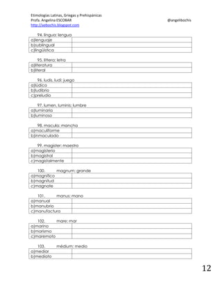 Etimologías Latinas, Griegas y Prehispánicas
Profa. Angelina ESCOBAR
http://aebochis.blogspot.com

@angelibochis

94. lingua: lengua
a)lenguaje
b)sublingual
c)lingüística
95. littera: letra
a)literatura
b)literal
96. ludis, ludi: juego
a)lúdico
b)ludibrio
c)preludio
97. lumen, luminis: lumbre
a)luminaria
b)luminoso
98. macula: mancha
a)maculiforme
b)inmaculado
99. magister: maestro
a)magisterio
b)magistral
c)magistalmente
100.
magnum: grande
a)magnífico
b)magnitud
c)magnate
101.
manus: mano
a)manual
b)manubrio
c)manufactura
102.
mare: mar
a)marino
b)marisma
c)maremoto
103.
a)mediar
b)mediato

médium: medio

12

 