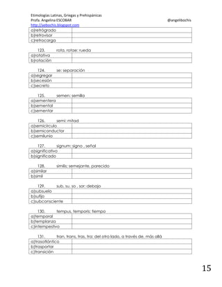Etimologías Latinas, Griegas y Prehispánicas
Profa. Angelina ESCOBAR
http://aebochis.blogspot.com
a)retrógrado
b)retrovisor
c)retrocarga
123.
a)rotativa
b)rotación

rota, rotae: rueda

124.
a)segregar
b)secesión
c)secreto

@angelibochis

se: separación

125.
semen: semilla
a)sementera
b)semental
c)sementar
126.
semi: mitad
a)semicírculo
b)semiconductor
c)semilunio
127.
signum: signo , señal
a)significativo
b)significado
128.
a)similar
b)simil

similis: semejante, parecido

129.
sub, su, so , sor: debajo
a)subsuelo
b)sufijo
c)subconsciente
130.
tempus, temporis: tiempo
a)temporal
b)templanza
c)intempestivo
131.
tran, trans, tras, tra: del otro lado, a través de, más allá
a)trasatlántico
b)trasportar
c)transición

15

 