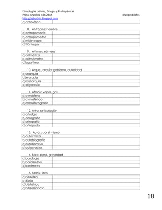 Etimologías Latinas, Griegas y Prehispánicas
Profa. Angelina ESCOBAR
http://aebochis.blogspot.com
d)antibiótico

@angelibochis

8. Antropos: hombre
a)antropomorfe
b)antropometría
c)misántropo
d)filántropo
9. Aritmos: número
a)aritmética
b)aritmómetro
c)logaritmo
10. Arque, arquía: gobierno, autoridad
a)sinarquía
b)jerarquía
c)monarquía
d)oligarquía
11. Atmos: vapor, gas
a)atmósfera
b)atmosférico
c)atmosferografía
12. Artro: articulación
a)artralgia
b)artrografía
c)artropatía
d)artrópodo
13. Autos: por sí mismo
a)autocrítica
b)autobiografía
c)autobombo
d)autocracia
14. Baro: peso, gravedad
a)barología
b)barometría
c)barómetro
15. Biblos: libro
a)bibliofilia
b)Biblia
c)bibliátrica
d)bibliomancia

18

 