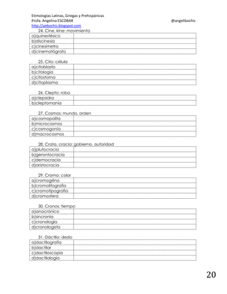 Etimologías Latinas, Griegas y Prehispánicas
Profa. Angelina ESCOBAR
http://aebochis.blogspot.com
24. Cine, kine: movimiento
a)quinestésico
b)discinesia
c)cinesímetro
d)cinematógrafo

@angelibochis

25. Cito: célula
a)citoblasto
b)citología
c)citostoma
d)citoplasma
26. Clepto: robo
a)clepsidra
b)cleptomanía
27. Cosmos: mundo, orden
a)cosmopolita
b)microcosmos
c)cosmogonía
d)macrocosmos
28. Crata, cracia: gobierno, autoridad
a)plutocracia
b)gerontocracia
c)democracia
d)aristocracia
29. Cromo: color
a)cromogéno
b)cromolitografía
c)cromotipografía
d)cromosfera
30. Cronos: tiempo
a)anacrónico
b)sincronía
c)cronología
d)cronologista
31. Dáctilo: dedo
a)dactilografía
b)dactilar
c)dactiloscopia
d)dactilología

20

 