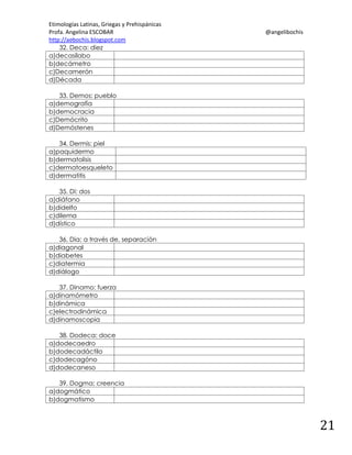 Etimologías Latinas, Griegas y Prehispánicas
Profa. Angelina ESCOBAR
http://aebochis.blogspot.com
32. Deca: diez
a)decasílabo
b)decámetro
c)Decamerón
d)Década

@angelibochis

33. Demos: pueblo
a)demografía
b)democracia
c)Demócrito
d)Demóstenes
34. Dermis: piel
a)paquidermo
b)dermatolisis
c)dermatoesqueleto
d)dermatitis
35. Di: dos
a)diáfano
b)didelfo
c)dilema
d)dístico
36. Dia: a través de, separación
a)diagonal
b)diabetes
c)diatermia
d)diálogo
37. Dinamo: fuerza
a)dinamómetro
b)dinámica
c)electrodinámica
d)dinamoscopia
38. Dodeca: doce
a)dodecaedro
b)dodecadáctilo
c)dodecagóno
d)dodecaneso
39. Dogma: creencia
a)dogmático
b)dogmatismo

21

 