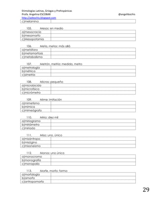 Etimologías Latinas, Griegas y Prehispánicas
Profa. Angelina ESCOBAR
http://aebochis.blogspot.com
c)melamina

@angelibochis

105.
Mesos: en medio
a)mesocracia
b)mesamorfo
c)Mesopotamia
106.
Meta, metos: más allá
a)metáfora
b)metamorfosis
c)metabolismo
107.
Metrón, metría: medida, metro
a)metrología
b)métrica
c)simetría
108.
Micros: pequeño
a)microbicida
b)microfísica
c)micrómetro
109.
Mime: imitación
a)mimetismo
b)mímica
c)mimeógrafo
110.
Miria: diez mil
a)miriagramo
b)miriámetro
c)miríada
111.
Miso: uno, único
a)misántropo
b)misógino
c)misoneísmo
112.
Monos: uno único
a)monocromo
b)monografía
c)monopolio
113.
Morfe, morfo: forma
a)morfología
b)amorfo
c)antropomorfo

29

 