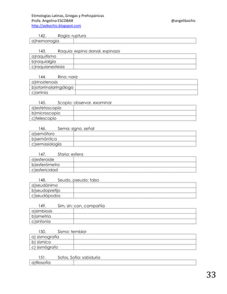 Etimologías Latinas, Griegas y Prehispánicas
Profa. Angelina ESCOBAR
http://aebochis.blogspot.com

@angelibochis

142.
Ragia: ruptura
a)hemorragia
143.
Raquia: espina dorsal, espinazo
a)raquitismo
b)raquialgia
c)raquianestesia
144.
Rino: nariz
a)rinostenosis
b)otorrinolaringólogo
c)arrinia
145.
Scopio: observar, examinar
a)estetoscopio
b)microscopio
c)telescopio
146.
Sema: signo, señal
a)semáforo
b)semántica
c)semasiología
147.
Sfaria: esfera
a)esferoide
b)esferómetro
c)esfericidad
148.
Seudo, pseudo: falso
a)seudónimo
b)seudoprefijo
c)seudópodos
149.
a)simbiosis
b)simetría
c)sinfonía

Sim, sin: con, compañía

150.
Sismo: temblor
a) sismografía
b) sísmico
c) sismógrafo
151.
a)filosofía

Sofos, Sofía: sabiduría

33

 