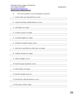 Etimologías Latinas, Griegas y Prehispánicas
Profa. Angelina ESCOBAR
http://aebochis.blogspot.com
ETIMOLOGÍAS PREHISPÁNICAS
III.

@angelibochis

Forma las palabras cuya etimología se propone.

1. Acatl: caña, pul: abundancia, co: en

2. Azcatl: hormiga, putzalli: terreno, co: en

3. Aztl: garza, an: lugar

4. Coyotl: coyote, an: lugar

5. Cuauhtli: águila, an: lugar

6. Chapulti: chapulín, tepec: cerro

7. Iztal: sal o cosa blanca, calli: casa, co: lugar

8. Mazatl: venado, an: lugar

9. Mexi: ombligo, co: en

10. Tlachtl: juego de pelota, co:en

11. Teoti: dioses, an: lugar

12. Tochtli: conejos, pan: en

13. Xochitl: flor, milli: sementera, co: en

14. Atl: agua, huehue: viejo

36

 