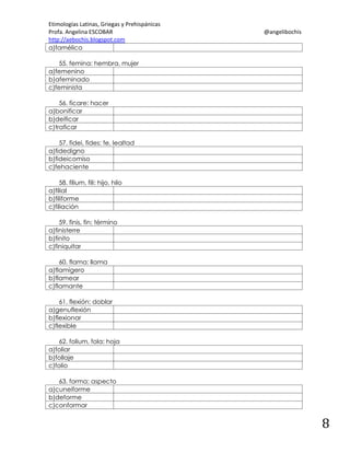 Etimologías Latinas, Griegas y Prehispánicas
Profa. Angelina ESCOBAR
http://aebochis.blogspot.com
a)famélico

@angelibochis

55. femina: hembra, mujer
a)femenino
b)afeminado
c)feminista
56. ficare: hacer
a)bonificar
b)deificar
c)traficar
57. fidei, fides: fe, lealtad
a)fidedigno
b)fideicomiso
c)fehaciente
58. filium, fili: hijo, hilo
a)filial
b)filiforme
c)filiación
59. finis, fin: término
a)finisterre
b)finito
c)finiquitar
60. flama: llama
a)flamígero
b)flamear
c)flamante
61. flexión: doblar
a)genuflexión
b)flexionar
c)flexible
62. folium, fola: hoja
a)foliar
b)follaje
c)folio
63. forma: aspecto
a)cuneiforme
b)deforme
c)conformar

8

 
