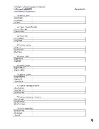 Etimologías Latinas, Griegas y Prehispánicas
Profa. Angelina ESCOBAR
http://aebochis.blogspot.com

@angelibochis

64. fortis: fuerte
a)fortificar
b)fortaleza
c)forzar
65. fraus, fraudis: fraude
a)fraudulencia
b)defraudar
66. frigus: frío
a)frigorífico
b)frigidez
67. fumus: humo
a)fumar
b)fumarola
c)fumigar
68. gelus: hielo
a)gelatina
b)gélido
69. gravis:grave
a)gravamen
b)gravedad
70. gratus: grato
a)agradable
b)gratuito
c)gratificar
71. herba, herbae: hierba
a)herbáceo
b)herbívoro
c)herbicida
72. homo, homonis: hombre
a)homicida
b)homenaje
c)homúnculo
73. hostis: enemigo
a)hostilidad
b)hostigar
c)hostil

9

 