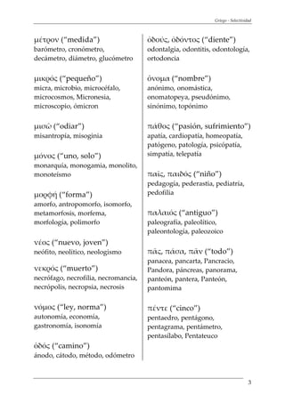 Griego - Selectividad
3
μέτρον (“medida”)
barómetro, cronómetro,
decámetro, diámetro, glucómetro
μικρός (“pequeño”)
micra, microbio, microcéfalo,
microcosmos, Micronesia,
microscopio, ómicron
μισῶ (“odiar”)
misantropía, misoginia
μόνος (“uno, solo”)
monarquía, monogamia, monolito,
monoteísmo
μορφή (“forma”)
amorfo, antropomorfo, isomorfo,
metamorfosis, morfema,
morfología, polimorfo
νέος (“nuevo, joven”)
neófito, neolítico, neologismo
νεκρός (“muerto”)
necrófago, necrofilia, necromancia,
necrópolis, necropsia, necrosis
νόμος (“ley, norma”)
autonomía, economía,
gastronomía, isonomía
ὁδός (“camino”)
ánodo, cátodo, método, odómetro
ὀδούς, ὀδόντος (“diente”)
odontalgia, odontitis, odontología,
ortodoncia
ὄνομα (“nombre”)
anónimo, onomástica,
onomatopeya, pseudónimo,
sinónimo, topónimo
πάθος (“pasión, sufrimiento”)
apatía, cardiopatía, homeopatía,
patógeno, patología, psicópatía,
simpatía, telepatía
παῖς, παιδός (“niño”)
pedagogía, pederastia, pediatría,
pedofilia
παλαιός (“antiguo”)
paleografía, paleolítico,
paleontología, paleozoico
πᾶς, πάσα, πᾶν (“todo”)
panacea, pancarta, Pancracio,
Pandora, páncreas, panorama,
panteón, pantera, Panteón,
pantomima
πέντε (“cinco”)
pentaedro, pentágono,
pentagrama, pentámetro,
pentasílabo, Pentateuco
 