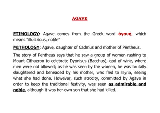 AGAVE
ETIMOLOGY: Agave comes from the Greek word ἀγαυή, which
means “illustrious, noble”
MITHOLOGY: Agave, daughter of Cadmus and mother of Pentheus.
The story of Pentheus says that he saw a group of women rushing to
Mount Cithaeron to celebrate Dyonisus (Bacchus), god of wine, where
men were not allowed; as he was seen by the women, he was brutally
slaughtered and beheaded by his mother, who fled to Illyria, seeing
what she had done. However, such atrocity, committed by Agave in
order to keep the traditional festivity, was seen as admirable and
noble, although it was her own son that she had killed.
 