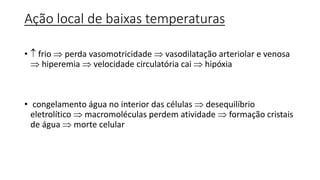 Ação local de baixas temperaturas
•  frio  perda vasomotricidade  vasodilatação arteriolar e venosa
 hiperemia  velocidade circulatória cai  hipóxia
• congelamento água no interior das células  desequilíbrio
eletrolítico  macromoléculas perdem atividade  formação cristais
de água  morte celular
 