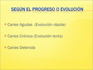 Caries Agudas  (Evolución rápida) Caries Crónica (Evolución lenta) Caries Detenida  