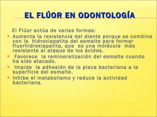 EL FLÚOR EN ODONTOLOGÍA El Flúor actúa de varias formas: Aumenta la resistencia del diente porque se combina con la  hidroxiapatita del esmalte para formar  fluorhidroxiapatita, que  es una molécula  más resistente al ataque de los ácidos. Favorece  la remineralización del esmalte cuando ha sido atacado.  Impide  la adhesión de la placa bacteriana a la superficie del esmalte. Inhibe el metabolismo y reduce la actividad bacteriana. 