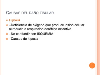 CAUSAS DEL DAÑO TISULAR
 Hipoxia
 –Deficiencia de oxigeno que produce lesión celular
  al reducir la respiración aeróbica oxidativa.
 –No confundir con ISQUEMIA

 –Causas de hipoxia
 