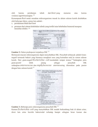 oleh
karena
pertahanan
tubuh
dari host yang
menurun
atau
karena
(2)
virulensi agentmeningkat.
Kemampuan host untuk menahan mikroorganisme masuk ke dalam saluran kemih disebabkan
oleh beberapa faktor, antara lain adalah :
1. pertahanan lokal dari host
2. peranan dari sistem kekebalan tubuh yang terdiri atas kekebalan humoral maupun
imunitas seluler. (2)

Gambar 2. Faktor predisposisi terjadinya ISK (1)
Bermacam-macam mikroorganisme dapat menyebabkan ISK. Penyebab terbanyak adalah Gramnegatif termasuk bakteri yang biasanya menghuni usus yang kemudian naik ke sistem saluran
kemih. Dari gram-negatif Escherichia coli menduduki tempat teratas.(1) Sedangkan jenis
gram-positif
lebih
jarang
sebagai
penyebab
ISK
sedangkan enterococcus dan staphylococcus aureus sering ditemukan pada pasien
dengan batu saluran kemih.(1)

Gambar 3. Beberapa jenis mikroorganisme penyebab ISK (1)
Kuman Escherichia coli yang menyebabkan ISK mudah berkembang biak di dalam urine,
disisi lain urine bersifat bakterisidal terhadap hampir sebagian besar kuman dan

 