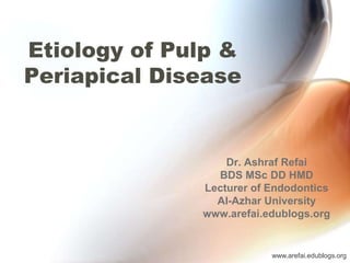 Etiology of Pulp & Periapical Disease Dr. Ashraf Refai BDS MSc DD HMD Lecturer of Endodontics Al-Azhar University www.arefai.edublogs.org 