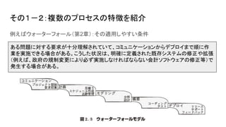 その１－２：複数のプロセスの特徴を紹介
例えばウォーターフォール（第2章）：その適用しやすい条件
ある問題に対する要求が十分理解されていて、コミュニケーションからデプロイまで順に作
業を実施できる場合がある。こうした状況は、明確に定義された既存システムの修正や拡張
（例えば、政府の規制変更により必ず実施しなければならない会計ソフトウェアの修正等）で
発生する場合がある。
 