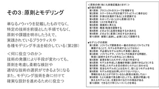 その３：原則とモデリング
単なるノウハウを記載したものでなく、
特定の技術を前提とした手順でもなく、
原則や課題を明示したうえで、
実践されているプラクティスや
各種モデリング手法を紹介している（第2部）
＜何に役立つのか＞
技術の発展により手段が変わっても、
原則を考慮し柔軟な検討や
適切な技術の選択ができるようになる
また、モデリング技術を身に付けて
確実な設計を進めるために役立つ
＜原則の例（他にも多数記載あります）＞
■計画の原則
　第1原則　プロジェクトのスコープを理解する
　第2原則　ステークホルダを計画アクティビティに巻き込む
　第3原則　計画は反復的であることを認識する
　第4原則　わかっていることから見積りをする
　第5原則　リスクを考慮する
　第6原則　現実的に考える
　第7原則　精度/粒度を調整する
　第8原則　どのように品質を保証するか決める
　第9原則　どのように変更に対応するか決める
　第10原則　頻繁に追跡し、必要に応じて調整する
■モデリングの原則
　第1原則　ソフトウェア開発者の一番の目的はソフトウェアを
　　構築することで、モデルを作成することではない
　第2原則　不必要なモデルは作らず身軽に進める
　第3原則　ソフトウェアや、ソフトウェアの解決する問題を、
　　簡潔に説明するモデルを作ることに努める
　第4原則　変更を取り入れやすい方法で作成する
　第5原則　モデルを作成した動機を明確に説明できるようにする
　第6原則　作成したモデルを目の前のシステムに合わせる
　第7原則　完全なモデルのことは忘れて、役に立つモデルを作る
　第8原則　モデルの記法を押し付けてはいけない。
　　情報を伝えることができているなら表現は後回しでよい
　第9原則　たとえ紙面で見る限り正しくても、直感が間違いを
　　訴えるモデルには、注意を向けるだけの理由がある
　第10原則　できるだけ早くフィードバックを得る
 