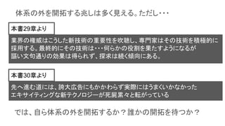 体系の外を開拓する兆しは多く見える。ただし・・・
業界の権威はこうした新技術の重要性を吹聴し、専門家はその技術を積極的に
採用する。最終的にその技術は・・・何らかの役割を果たすようになるが
謳い文句通りの効果は得られず、探求は続く傾向にある。
本書29章より
先へ進む道には、誇大広告にもかかわらず実際にはうまくいかなかった
エキサイティングな新テクノロジーが死屍累々と転がっている
本書30章より
では、自ら体系の外を開拓するか？誰かの開拓を待つか？
 