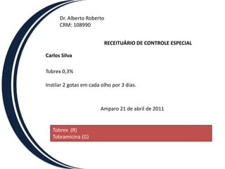 Dr. Alberto RobertoCRM: 108990RECEITUÁRIO MEDICOCarlos SilvaDiprospan 1mg Aplicar 1 amp por 7 dias . IMAmparo 03 de maio de 2011