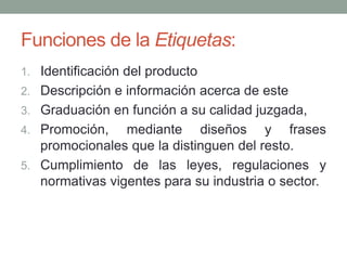 Funciones de la Etiquetas: 
1. Identificación del producto 
2. Descripción e información acerca de este 
3. Graduación en función a su calidad juzgada, 
4. Promoción, mediante diseños y frases 
promocionales que la distinguen del resto. 
5. Cumplimiento de las leyes, regulaciones y 
normativas vigentes para su industria o sector. 
 