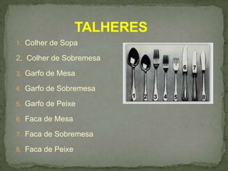 1. Colher de Sopa
2. Colher de Sobremesa
3. Garfo de Mesa
4. Garfo de Sobremesa
5. Garfo de Peixe
6. Faca de Mesa
7. Faca de Sobremesa
8. Faca de Peixe
TALHERES
 