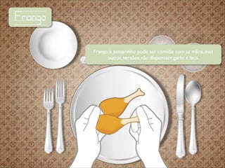 Frango
Frango à passarinho pode ser comido com as mãos, mas
outras versões não dispensam garfo e faca.

 