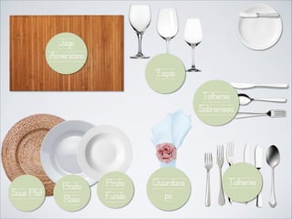 Jogo
Americano
Taças
Talheres
Sobremesa

Sous Plat

Prato
Raso

Prato
Fundo

Guardana
po

Talheres

 